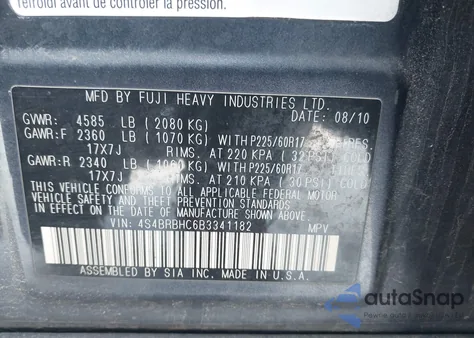 2011 Subaru Outback 2.5I Premium z USA, uszkodzony, nr VIN 4S4BRBHC6B3341182